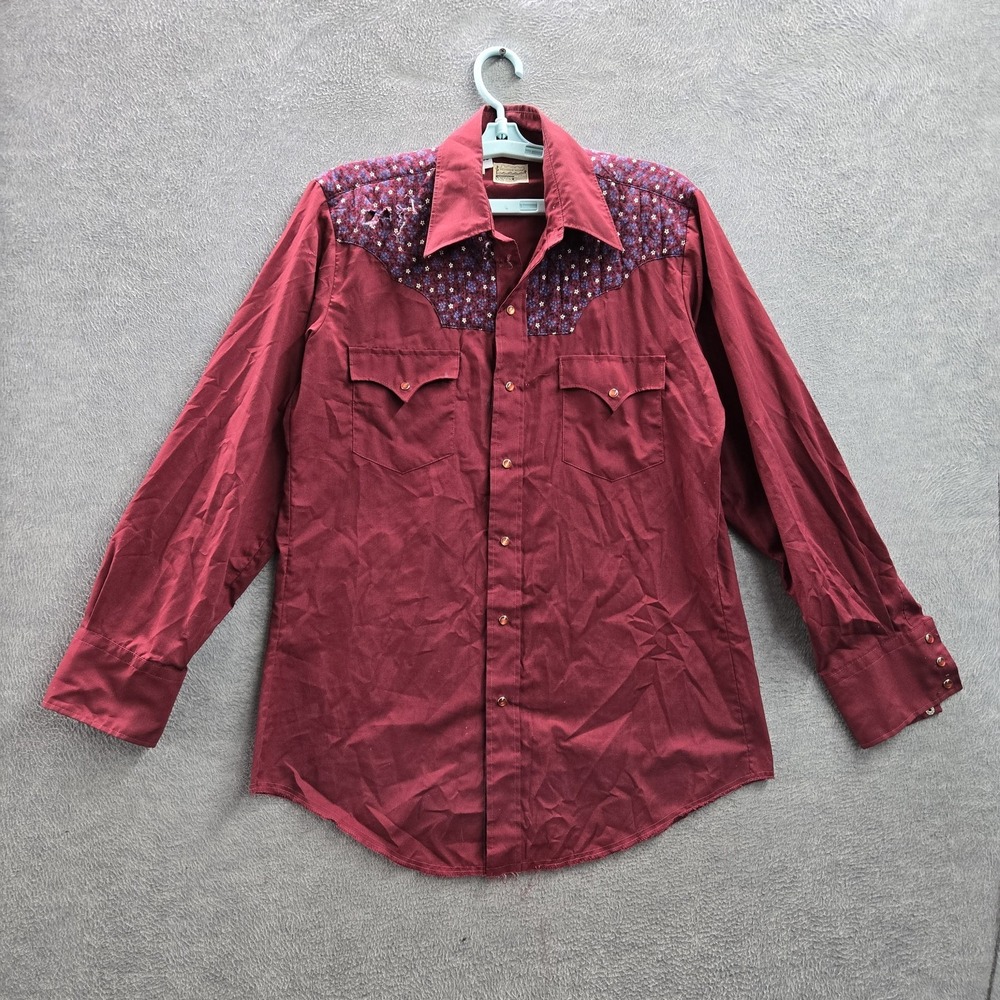 VINTAGE Montgomery Ward Men Button Up Shirt 16 Red Floral Western Snap 80s READ